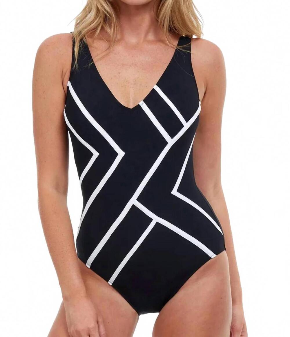 NEW GOTTEX mirage full coverage v-neck one piece in black/ white